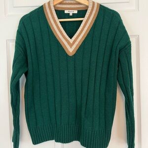 Madewell Green V-Neck Sweater with Tan and White Trim